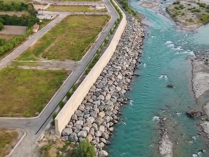 Drone view of the concrete retaining wall and boulder embankment along the River Dour